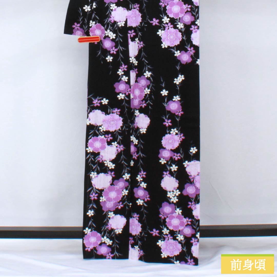 Cotton-linen Yukata, Length 165cm, Sleeve Length 69cm, Rank A, Single-Layer, Black, Weeping Cherry Blossom Pattern, Cotton-linen, 1118006043510