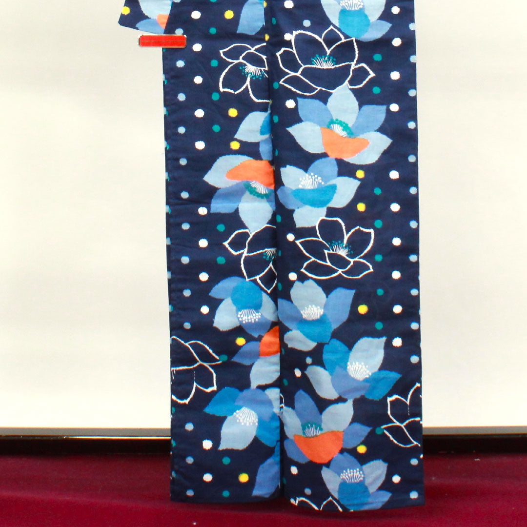 浴衣 MICHIKOLONDON しつけ糸付き 未使用品 濃紺色 山茶花 木綿 Sランク 単衣 身丈163.5cm 裄丈65cm 紺系 1118002602418