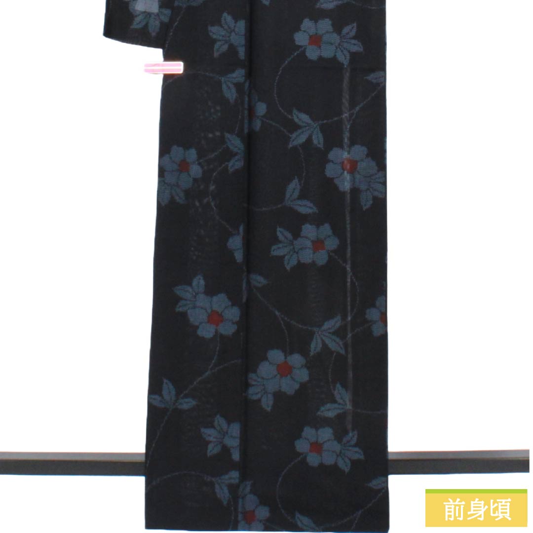 夏物 正絹 紬 Sランク 身丈166.5cm 裄丈66cm 相済茶色（あいすみちゃいろ） 草花模様 紗 紺系 1132004692518