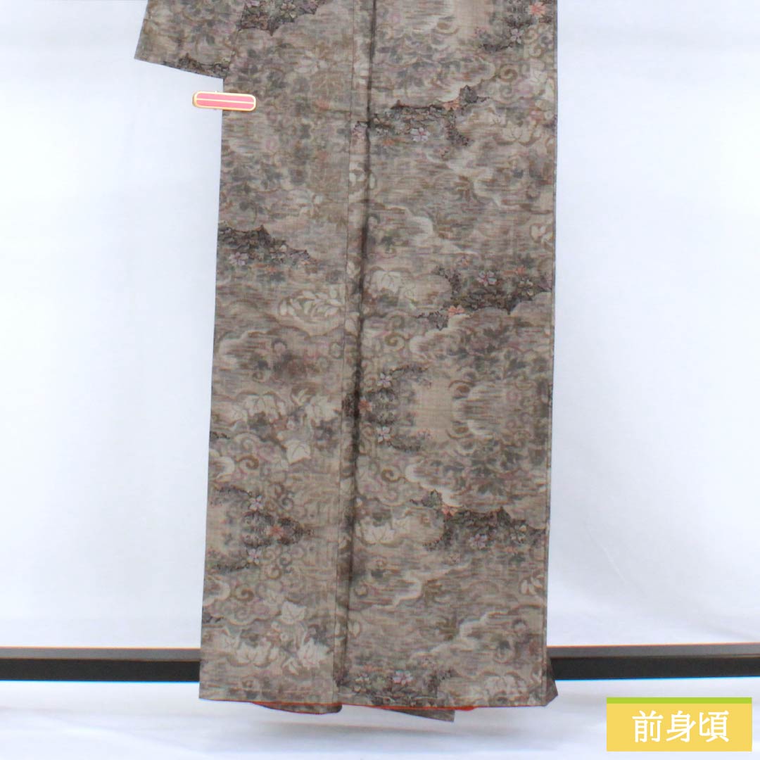 Tsumugi Silk S rank Length 159cm Sleeve-to-shoulder 60.5cm Brownish-gray Murayama Oshima Cloud pattern and floral design Lined Gray system 1116004832322