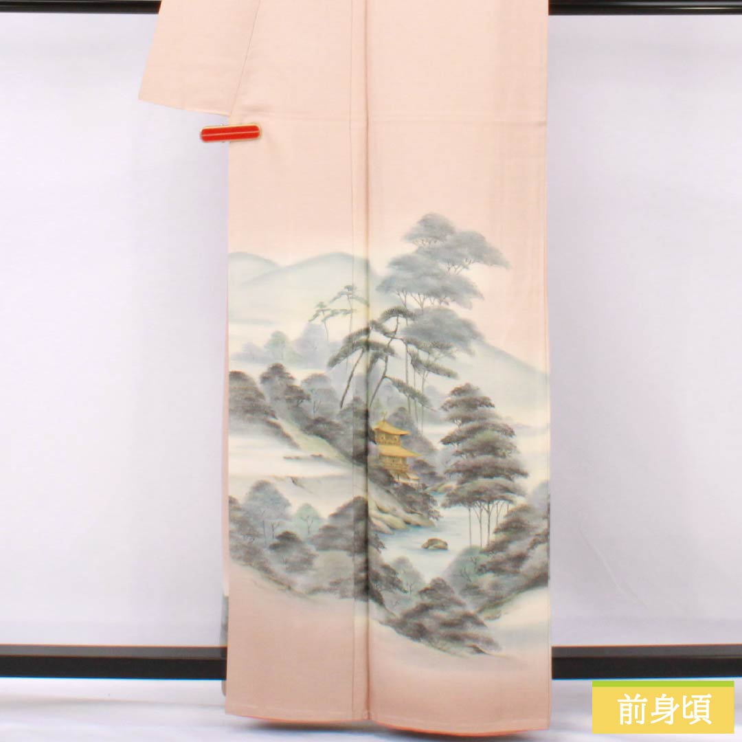 訪問着 正絹 Sランク 袷 身丈161cm 裄丈65.5cm 乙女色（おとめいろ） 京友禅 作家物 金閣寺 風景画 しつけ糸付き ピンク系 1112007172413