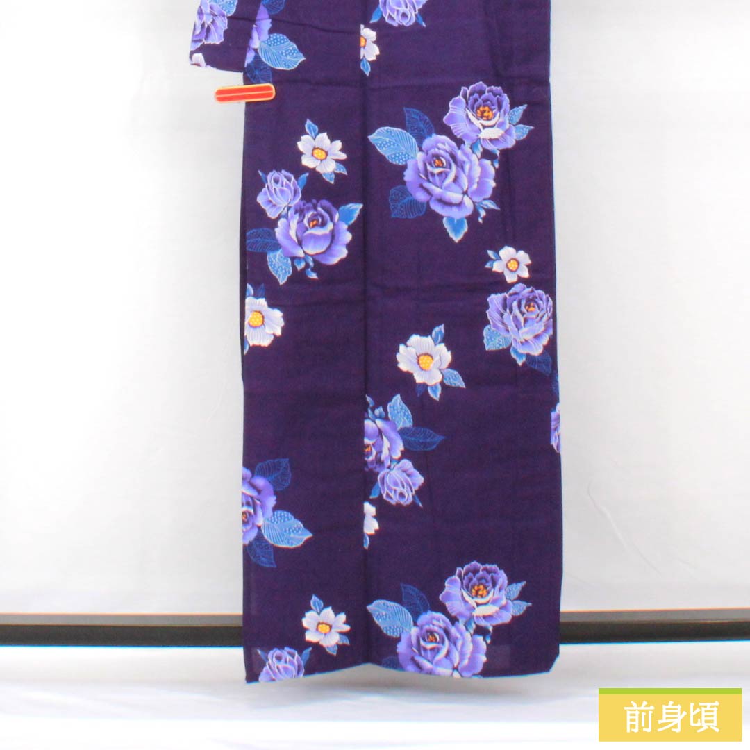 浴衣 木綿 身丈160.5cm 裄丈62cm Sランク 単衣 紫系 紫紺色（しこんいろ） 薔薇 1118005342420