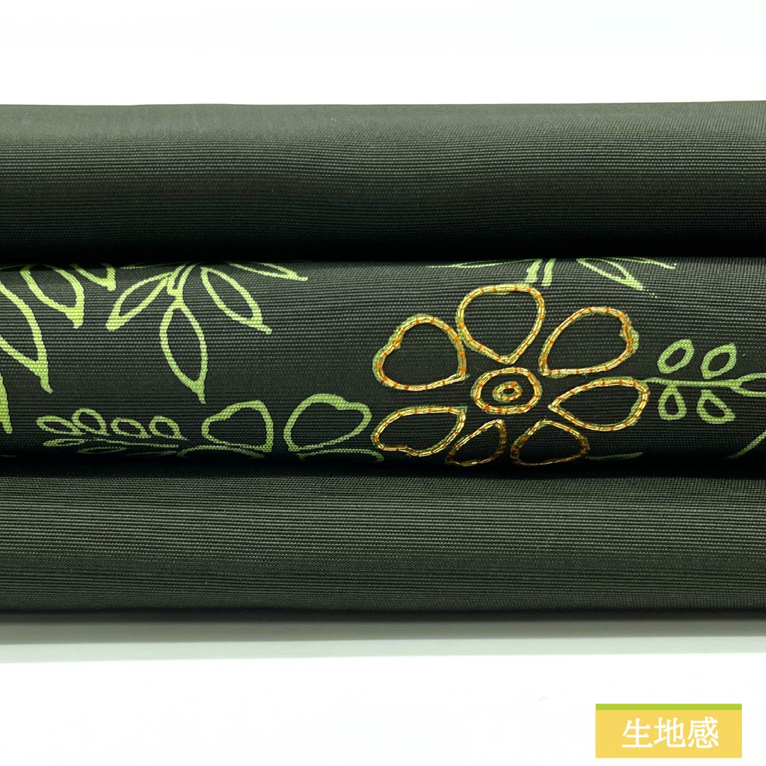 名古屋帯 黒橡色（くろつるばみいろ） 染め帯 塩瀬 金駒刺繍 帯丈356cm 正絹 Sランク ポイント柄 カジュアル 緑系 1124007832319 名古屋仕立て