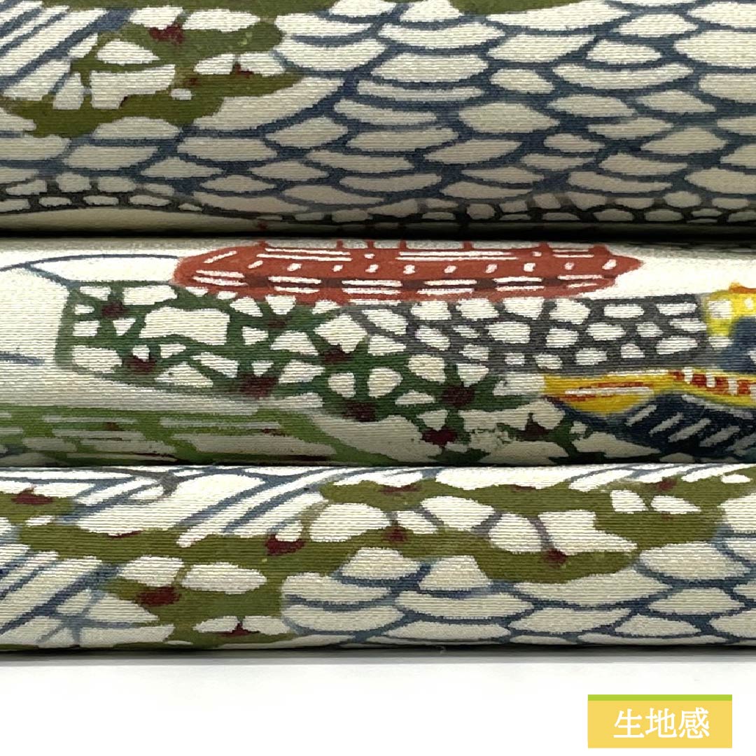 Nagoya Obi, Pure Silk, Grade A, Natural Color (Kinari-iro), Stencil Dyed with Bingata-inspired Landscape Pattern, Length 371cm, Six-fold, Casual, Cream-toned, Product Number 1124010593315, Nagoya Style