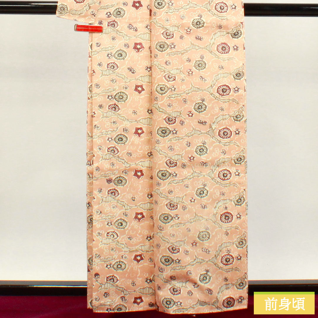 Komon, pure silk, length 160cm, sleeve length 66cm, lined, maiden color, pongee fabric, Kyoto Bingata, abstract pattern, S rank, pink, 1115003532413
