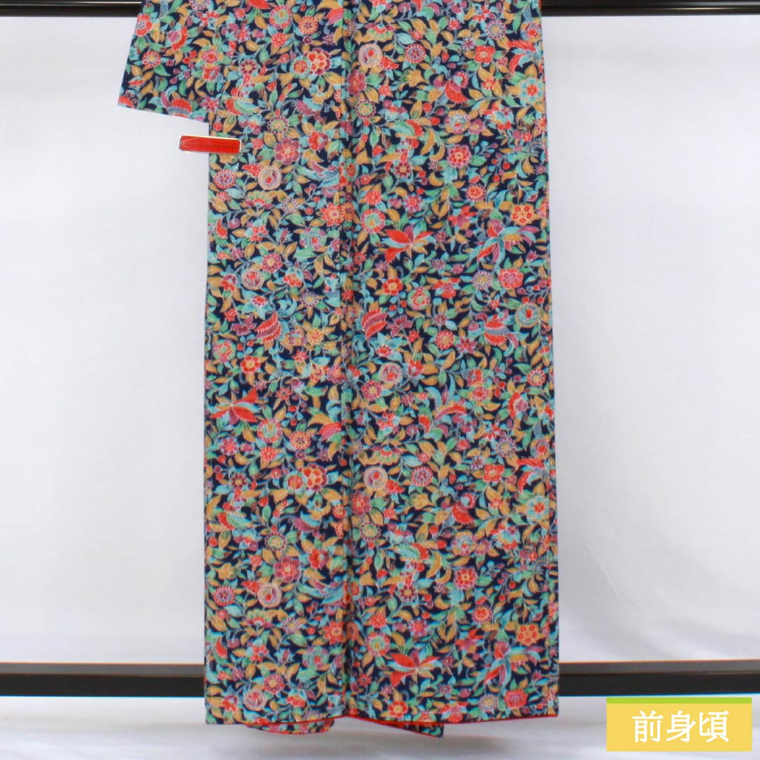 小紋 正絹 Sランク 身丈159cm 裄丈63cm 袷 紺色（こんいろ） 紬地 更紗 しつけ糸付き 紺系 1115007542318
