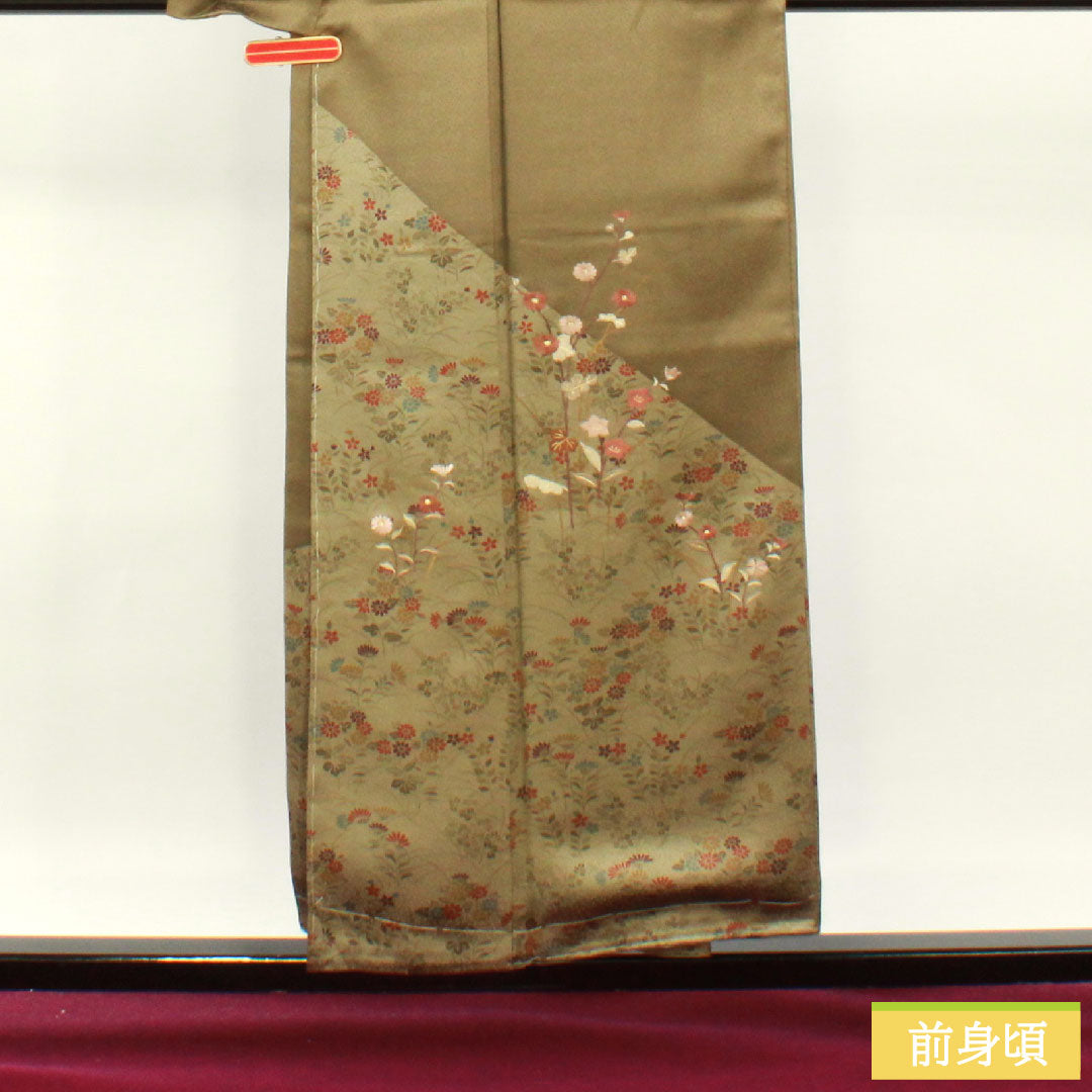 Homongi, pure silk, lined, length 154cm, sleeve length 63cm, kobi chairo (light brown), floral pattern, with basting thread, A rank, green, 1112004523219