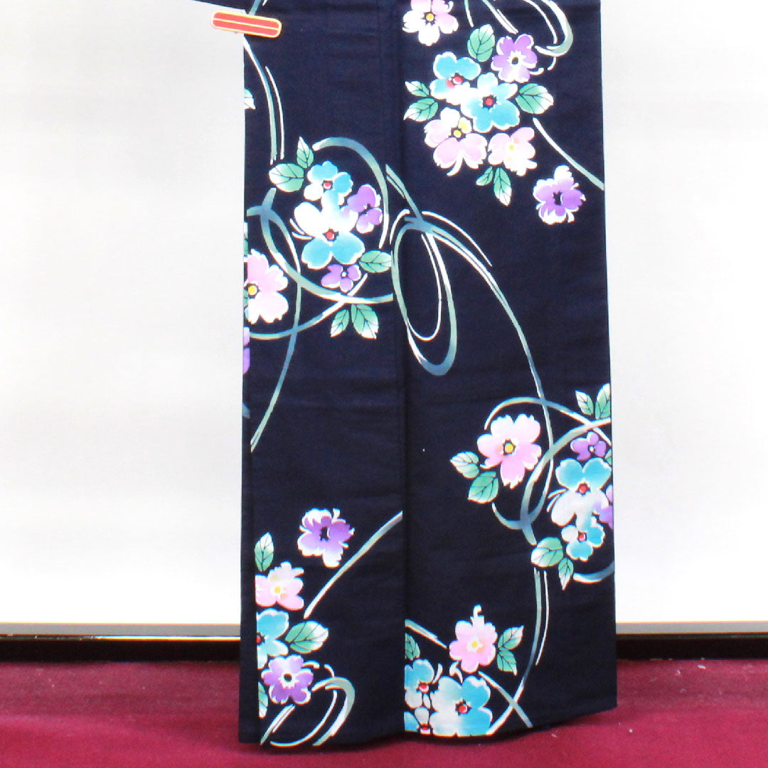 Yukata with basting thread, unused, dark navy blue, abstract flower, cotton, S rank, single layer, length 164cm, sleeve length 67cm, navy blue, 1118003432418