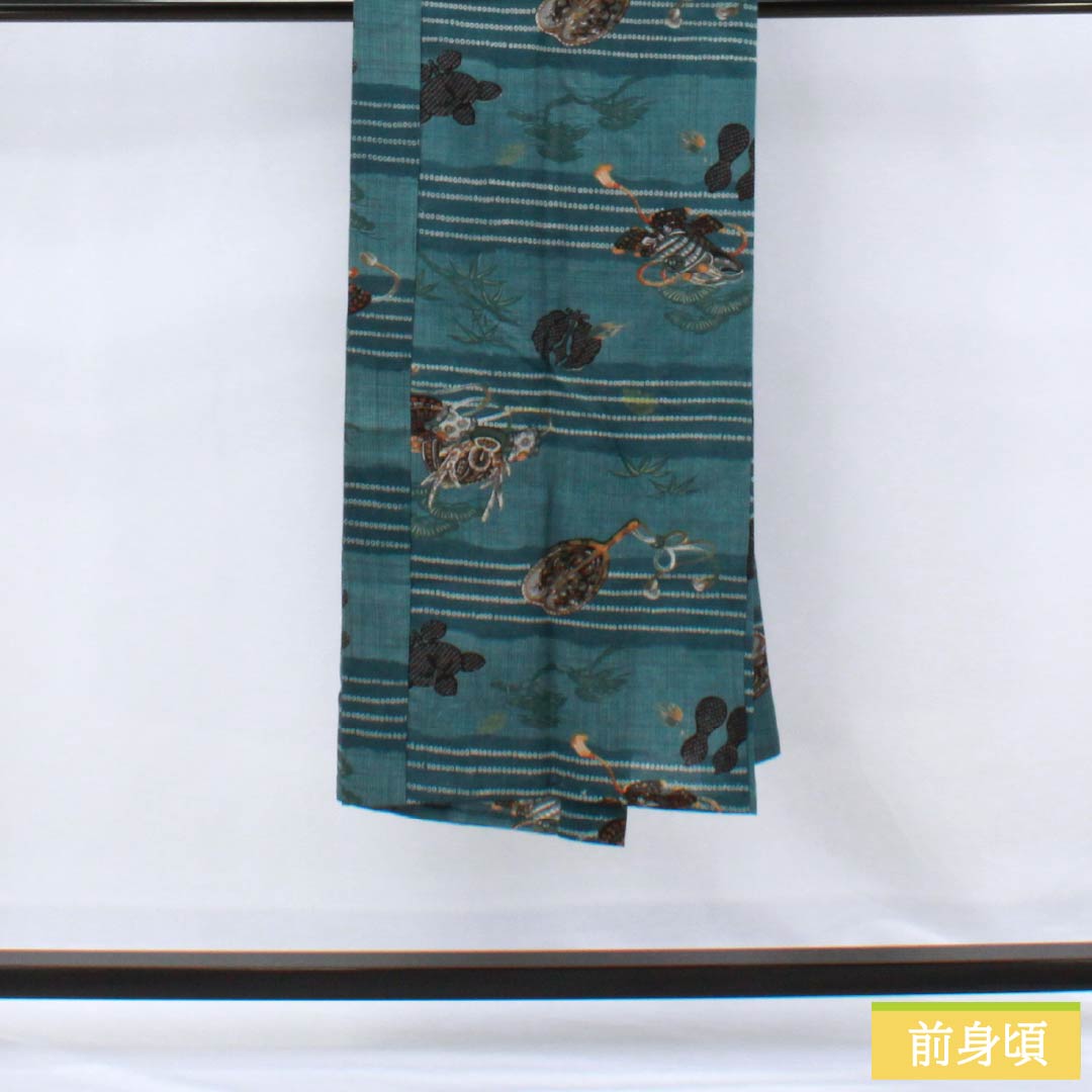 男物長襦袢 ウール Sランク 身丈138cm 裄丈65.5cm 藍砥茶色（あいとのちゃいろ） 兜 松 竹 単衣 青系 1140000742317