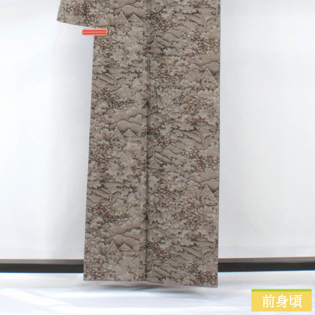 紬 正絹 身丈160.5cm 裄丈62.5cm 銀煤竹色（ぎんすすたけいろ） 風景模様 Aランク 袷 グレー系 1116003863422