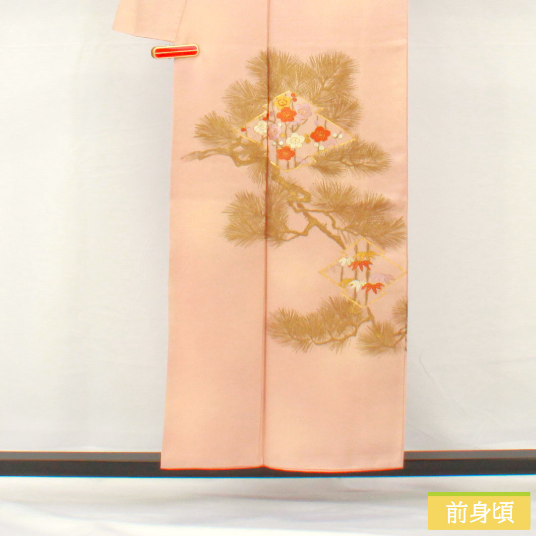付け下げ 正絹 袷 身丈154cm 裄丈63cm 今様色（いまよういろ） 京友禅 刺繍 松皮菱 松竹梅  Aランク ピンク系 1112005643213