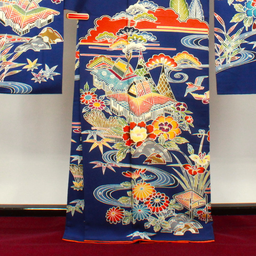 振袖 身丈167.5cm 裄丈68cm 袷  瑠璃色 京紅型 吉祥文様  正絹 Aランク 紺系 1113001773518