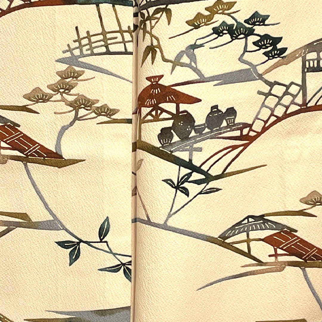 Komon, Length 165.5cm, Sleeve length 66cm, Awase, Washed persimmon color, Stencil dyeing, Landscape pattern, Pure silk, A rank, Pink 1115002093513