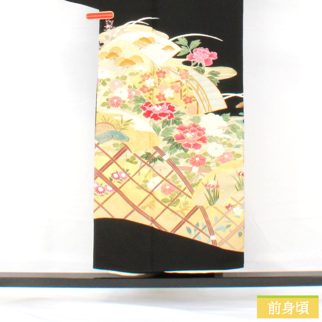 黒留袖 正絹 身丈150cm 裄丈64cm 袷 京友禅 吉祥文様 五つ紋 轡十字（くつわじゅうじ） Sランク 黒系 1111001772110