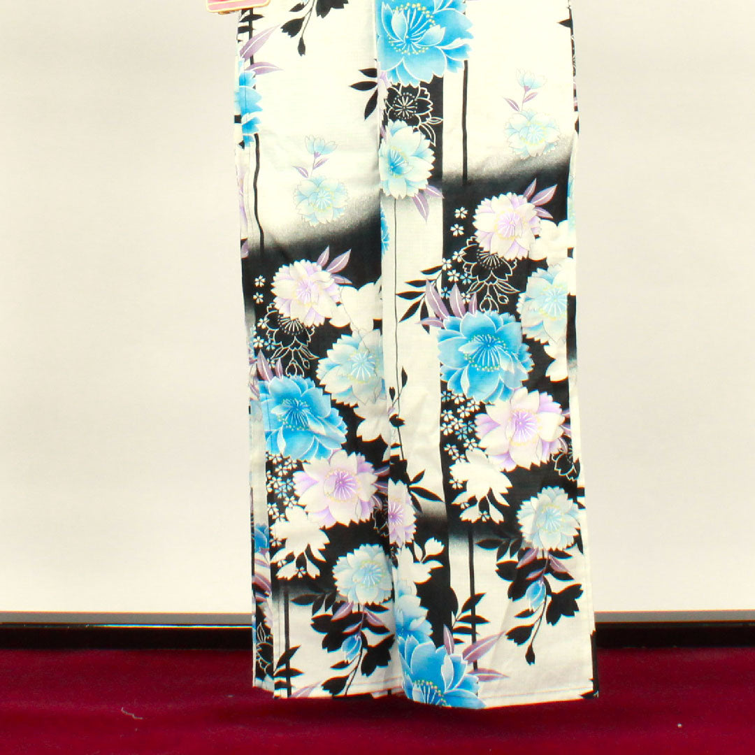 浴衣 モノトーン 桜 市松 木綿 Aランク 単衣 身丈163cm 裄丈65.5cm 白系 1118001633411