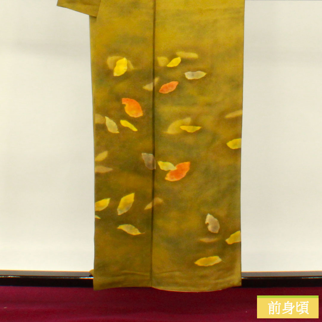 訪問着 正絹 袷 身丈157cm 裄丈66cm 青宣徳色（あおせんとくいろ） 濡れ描き 落葉模様 Aランク 緑系 1112004853319