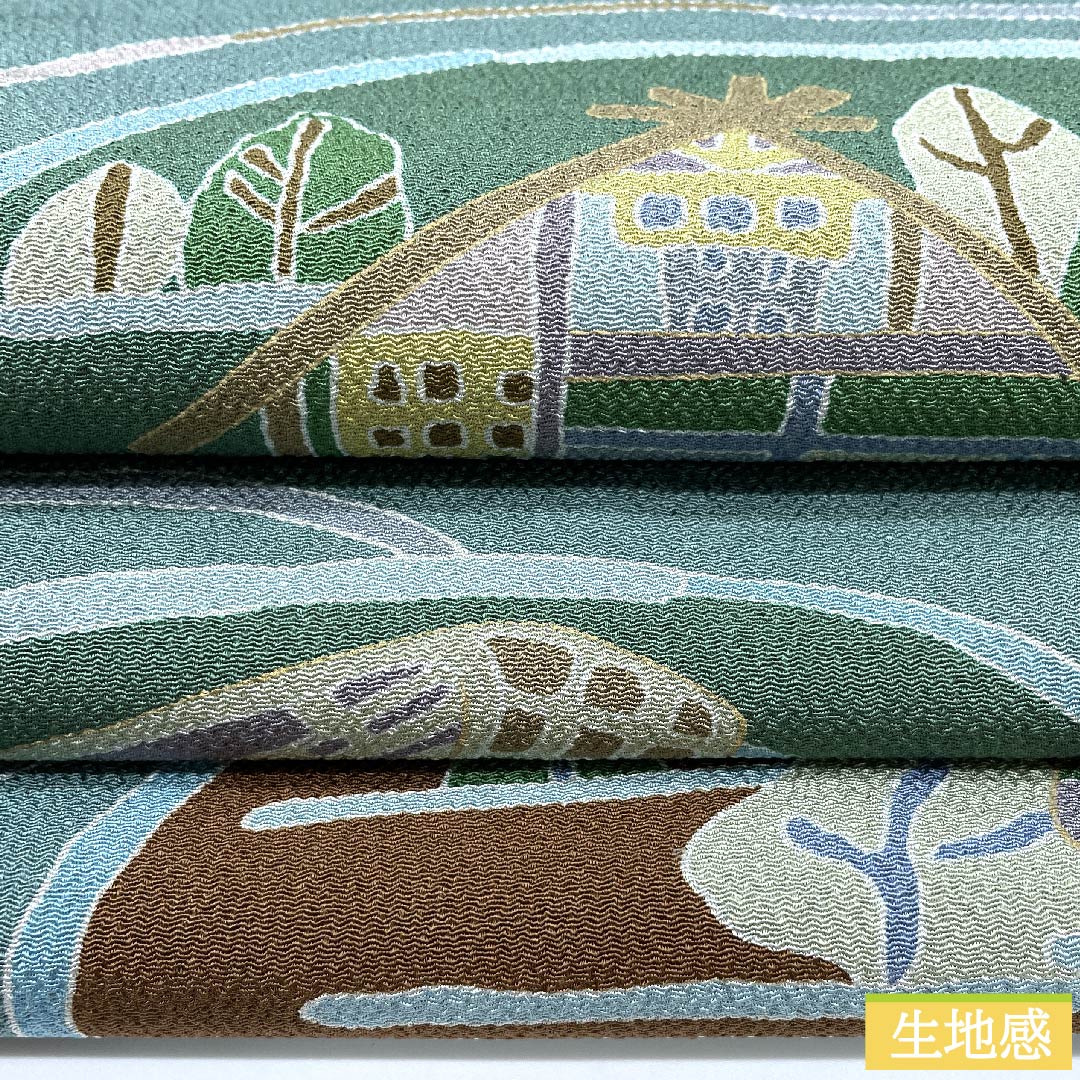 Nagoya obi, indigo blue, crepe fabric, dyed obi, landscape pattern, obi length 369.5cm, pure silk, S rank, full length, casual, green, 1124006092319, Nagoya style