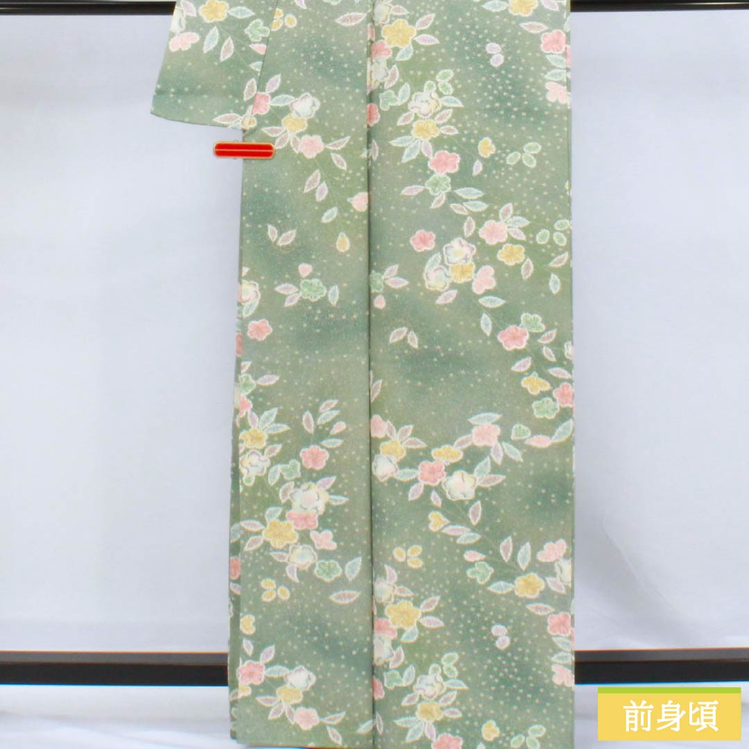小紋 ポリエステル Sランク 身丈163.5cm 裄丈65cm 袷 裏葉色（うらはいろ） 京友禅 辻ヶ花 緑系 1115006822419