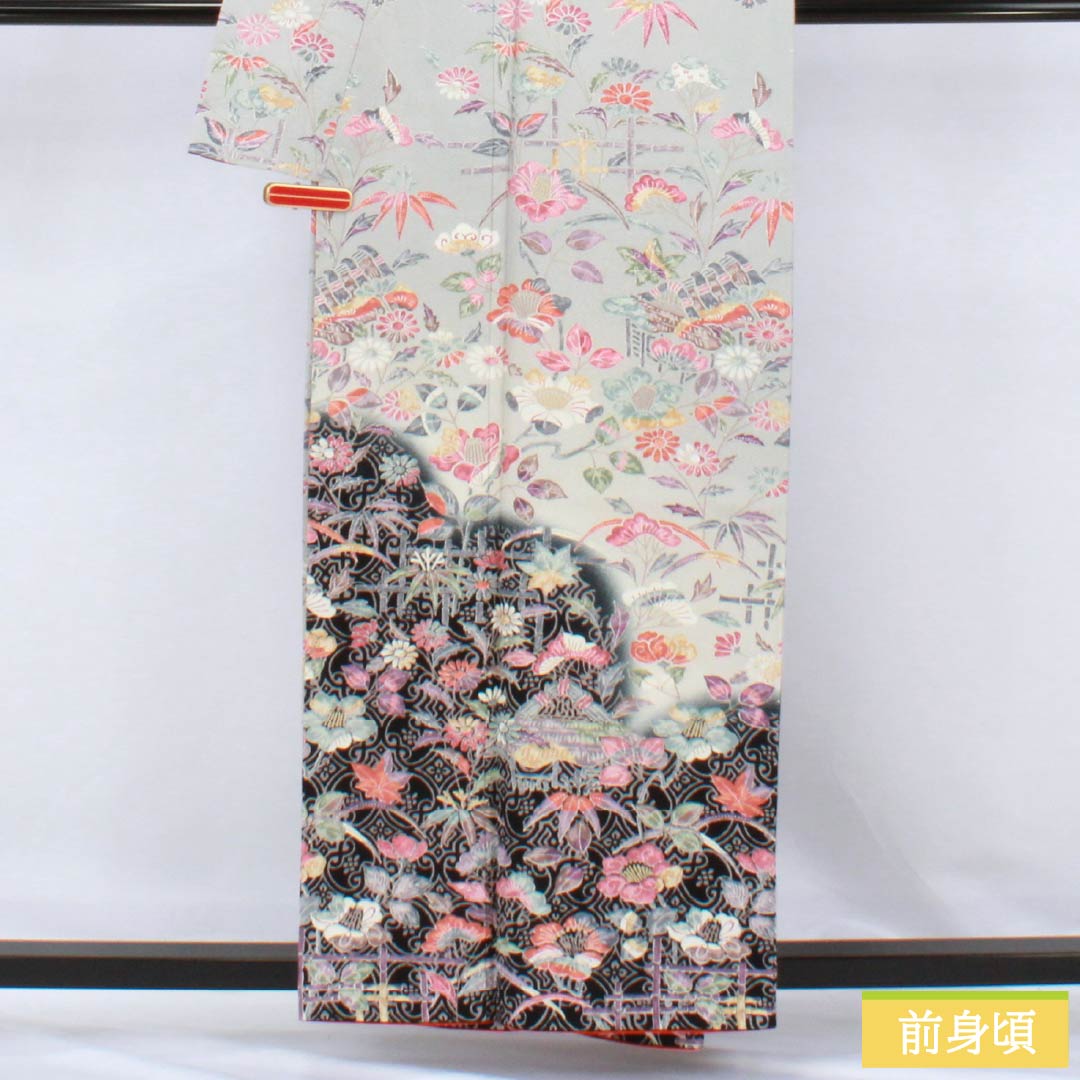 Visiting Kimono, Pure Silk, S Rank, Lined, Length 160cm, Sleeve Length 64cm, Kyoto Yuzen, Wisteria and Cherry Blossom Design, Gray, Product Number: 1112006302422