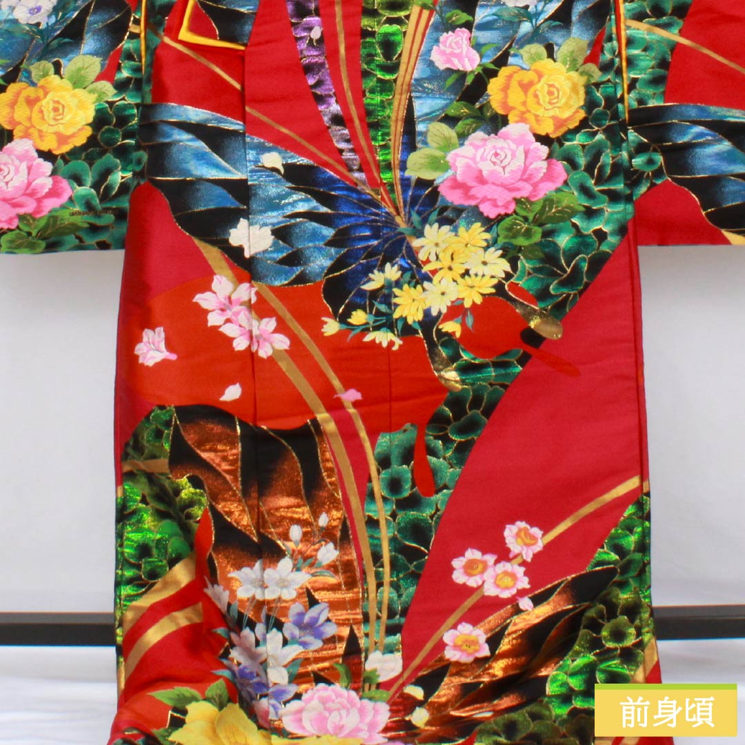 色打掛 正絹 Sランク 身丈188cm 裄丈67cm 真紅色（しんくいろ） 森英恵 HANAE MORI 唐織 蝶 袷 赤系 1110001102912