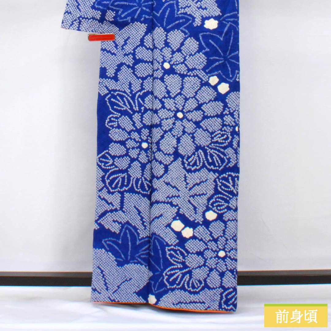 訪問着 正絹 袷 身丈163.5cm 裄丈66cm 瑠璃色（るりいろ） 絞り 草花模様 Aランク 青系 1112006073417
