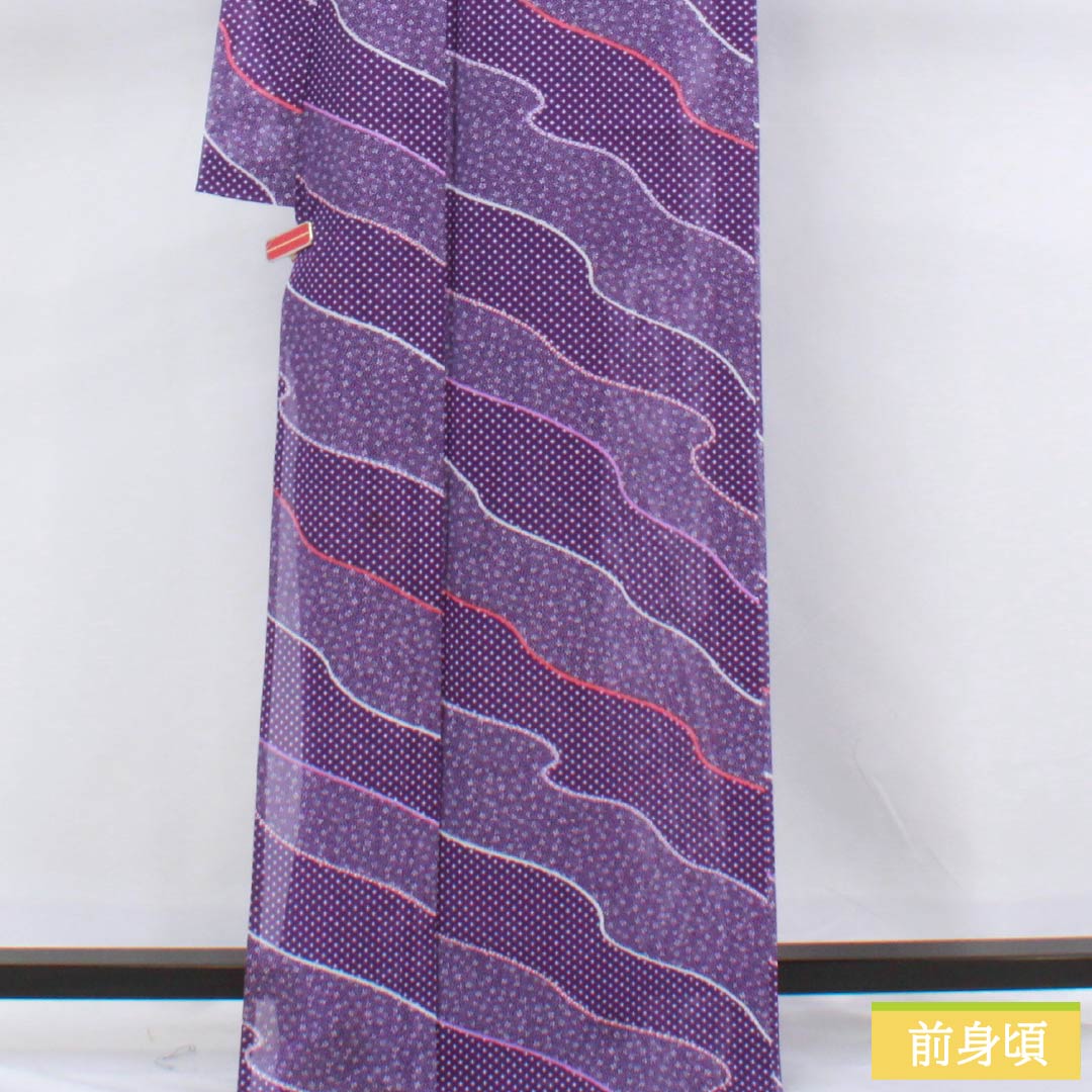Summer kimono, polyester, Komon, Length 167.5cm, Sleeve Length 68.5cm, Purple (Murasakiiro), Small Floral Pattern, Michinaga Pattern, Washable, Ro, S Rank, Purple, Item Number 1132002522520