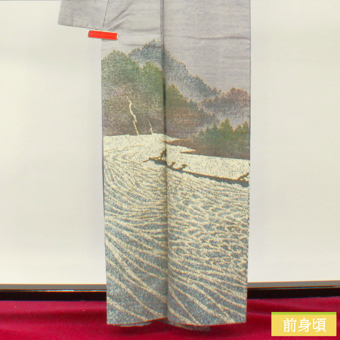 訪問着 正絹 袷 身丈162.5cm 裄丈63cm つるば鼠色（つるばねずいろ） 紬地 風景模様 金通し 作家物 Sランク 紫系 1112004572420