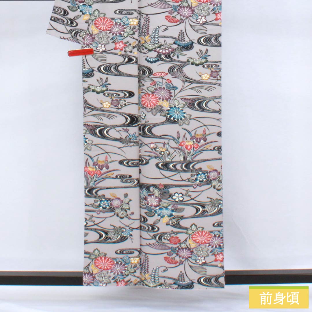 Komon silk, A-rank, length 157.5cm, sleeve length 62.5cm, lined, light ink color (usuzumiiro), Kyoto Bingata pattern, flowing water and floral pattern, gray tones, product number 1115006373322