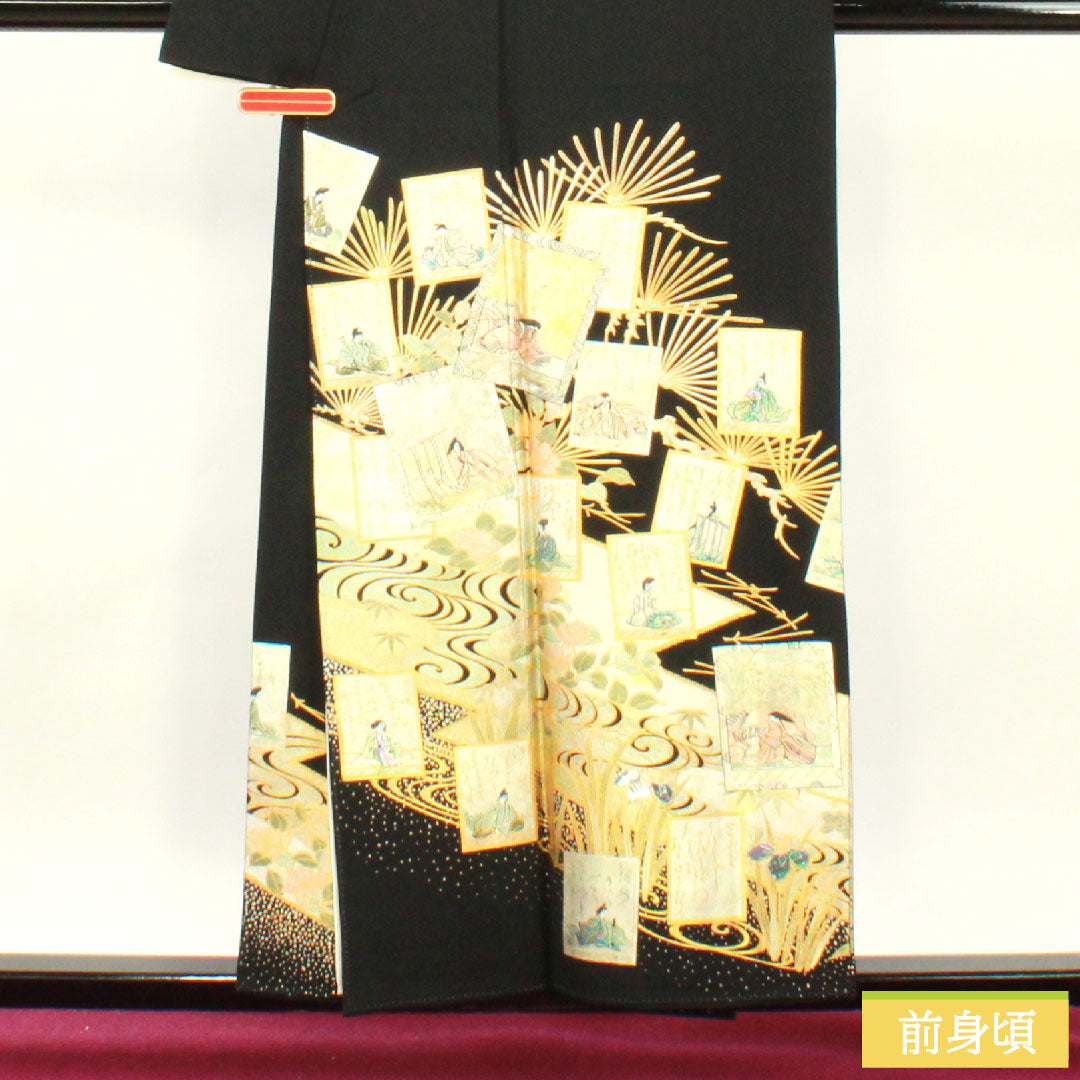 黒留袖 正絹 身丈155.5cm 裄丈65.5cm 袷 時代人物模様 流水 金彩加工 比翼仕立て 五つ紋 三ツ割片喰 Sランク 黒系 1111001382310