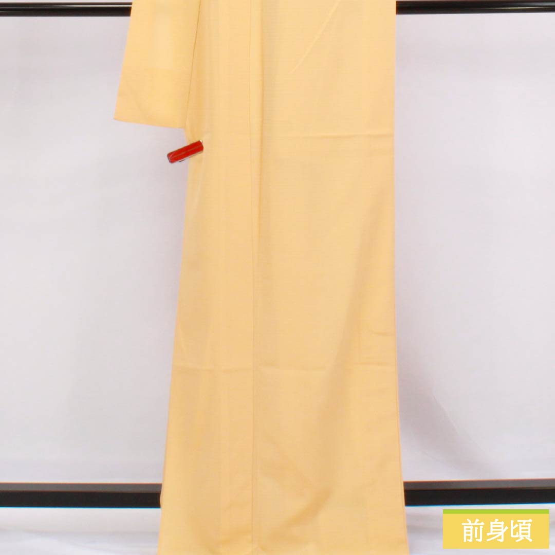 Summer solid color polyester kimono, S rank, length 171.5cm, sleeve length 70.5cm, light tangerine color (usukouji), one crest, five-three paulownia pattern, ro crepe, orange-colored, product number 1132003062626