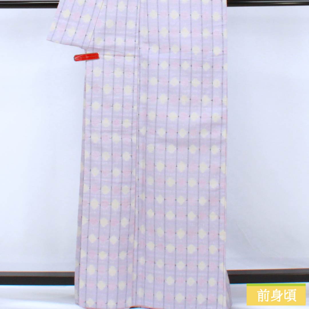 紬 正絹 Sランク 身丈165cm 裄丈67.5cm 淡紫色（たんししょく） 真綿紬 抽象模様 しつけ糸付き 袷 紫系 1116004542520