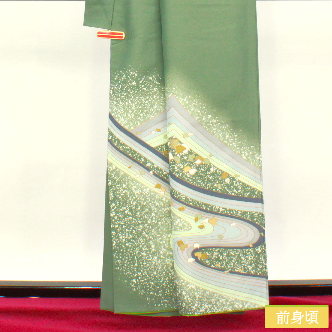 Homongi (formal kimono) made of polyester, lined, length 160.5cm, sleeve length 66cm, Chigusairo (chigusai-iro), washable kimono, flowing water, A rank, green, 1112004603419