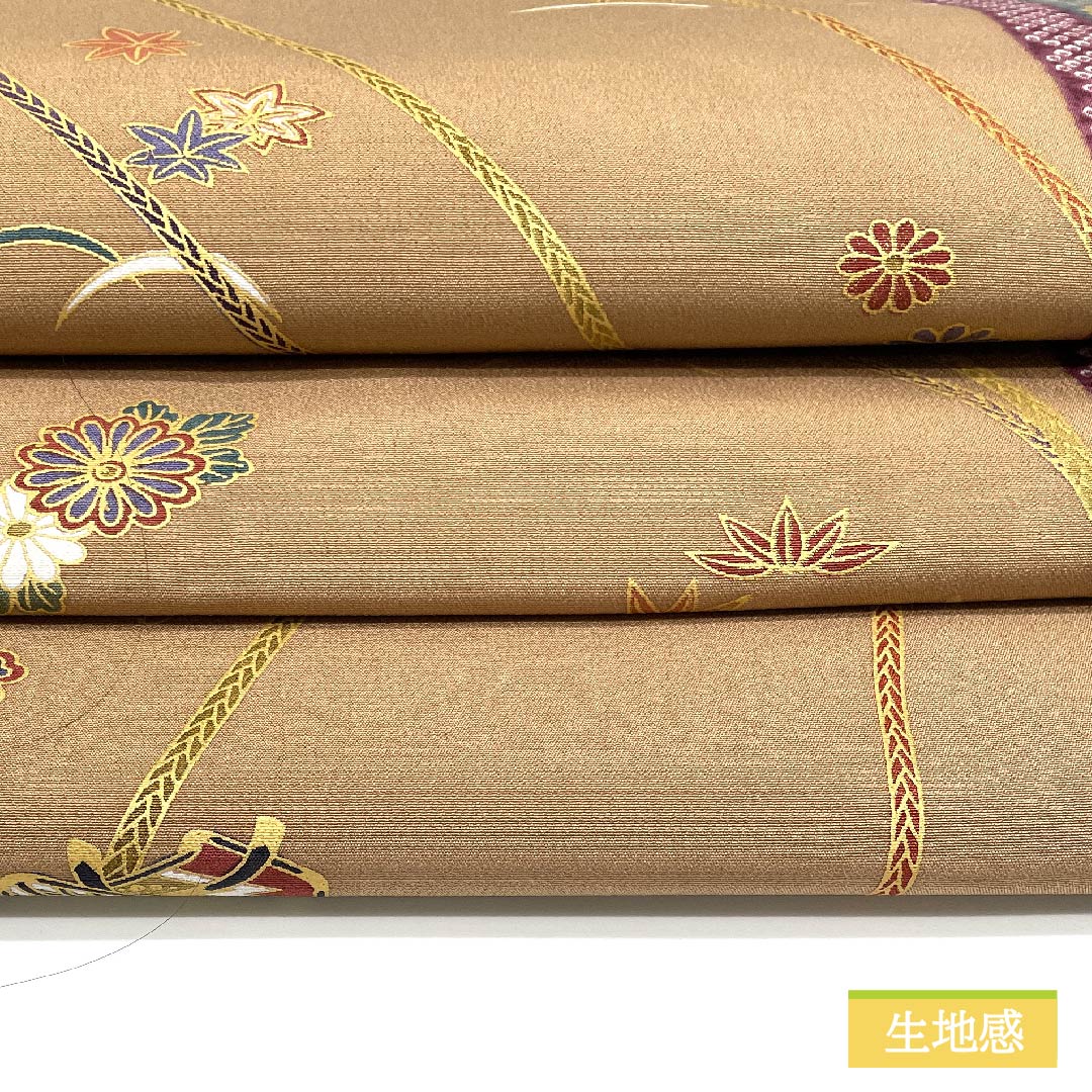 Nagoya obi, Asasugi dyed, Imperial carriage, chrysanthemum, cherry blossom, obi length 355cm, pure silk, S rank, full length, semi-formal, beige, 1124006532325, Nagoya tailoring