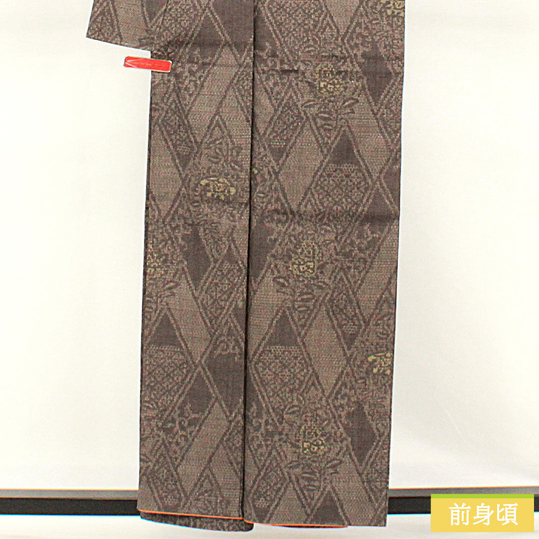結城紬 正絹 身丈157.5cm 裄丈64.5cm  黝色 抽象模様 しつけ糸付き 未使用品 Sランク 袷 グレー系 1116003322322
