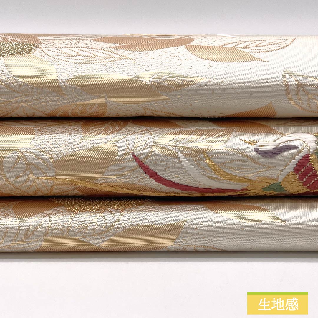 名古屋帯 胡粉色（ごふんいろ） 鳳凰 花模様 帯丈359cm 正絹 Sランク 六通 セミフォーマル クリーム系 1124008862315 名古屋仕立て