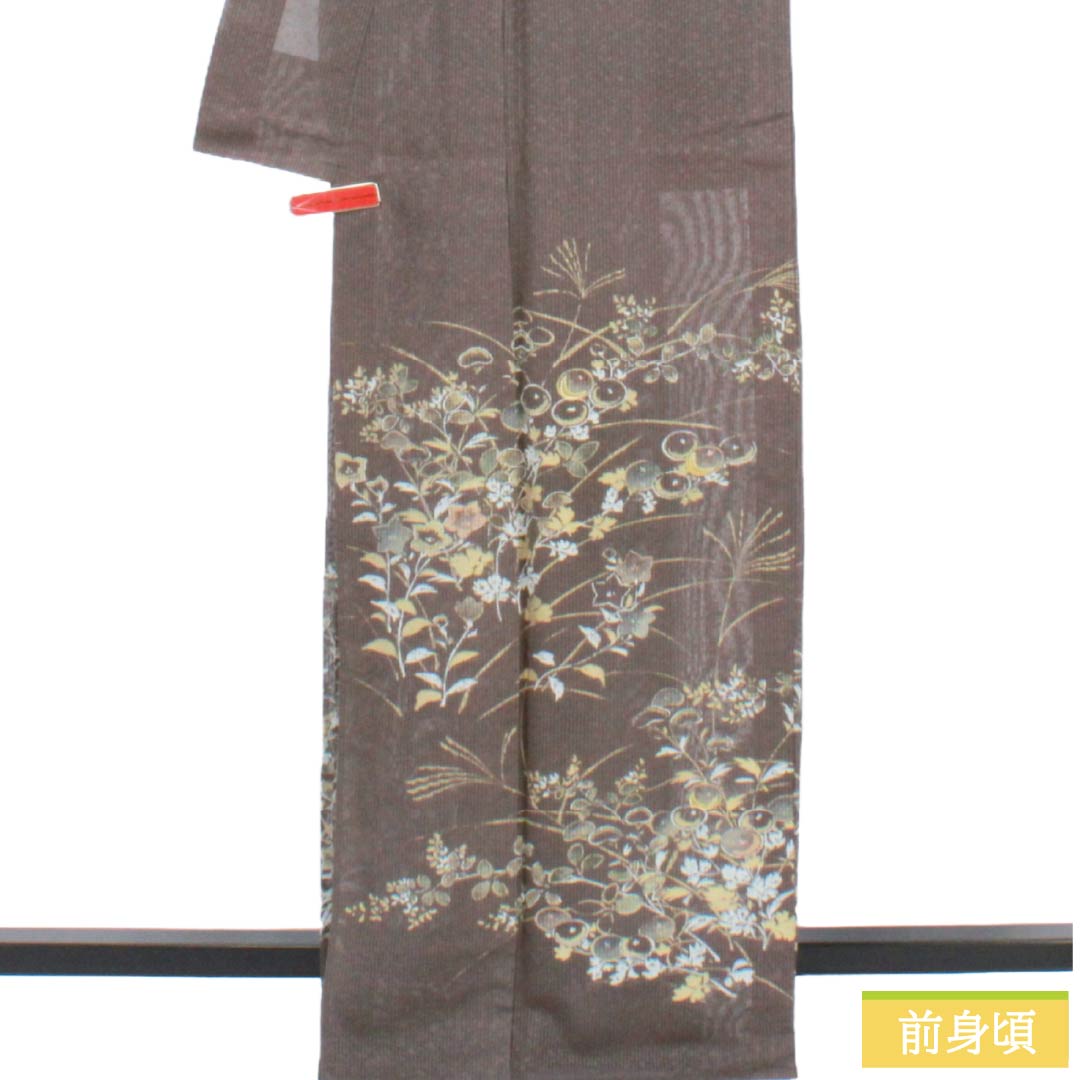 夏物 正絹 訪問着 Bランク 身丈165.5cm 裄丈65cm 都鼠色（みやこねずいろ） 京友禅 タタキ染 秋草 絽 茶系 1132005104514
