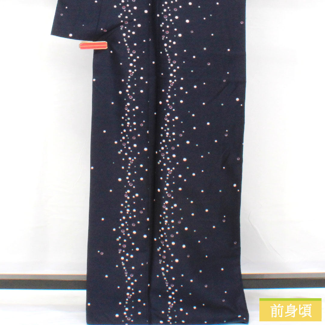 小紋 ポリエステル 身丈167cm 裄丈68cm 袷 濃紺色（のうこんいろ） 洗える着物 水玉 Sランク 紺系 1115004812518