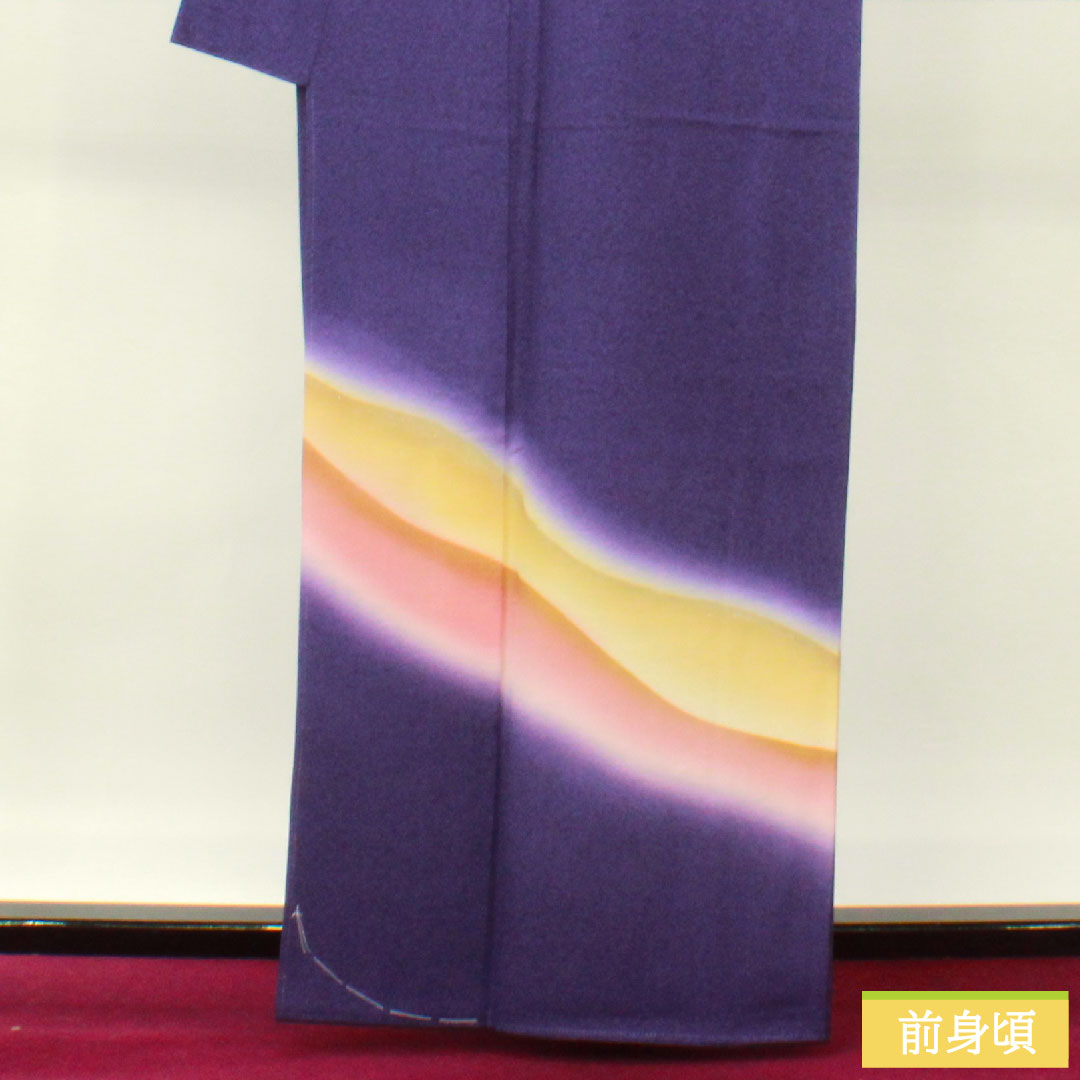 訪問着 正絹 袷 身丈163.5cm 裄丈68cm 江戸紫色（えどむらさきいろ） タタキ染 遠山模様 しあわせガード加工 Sランク 紫系 1112004862420