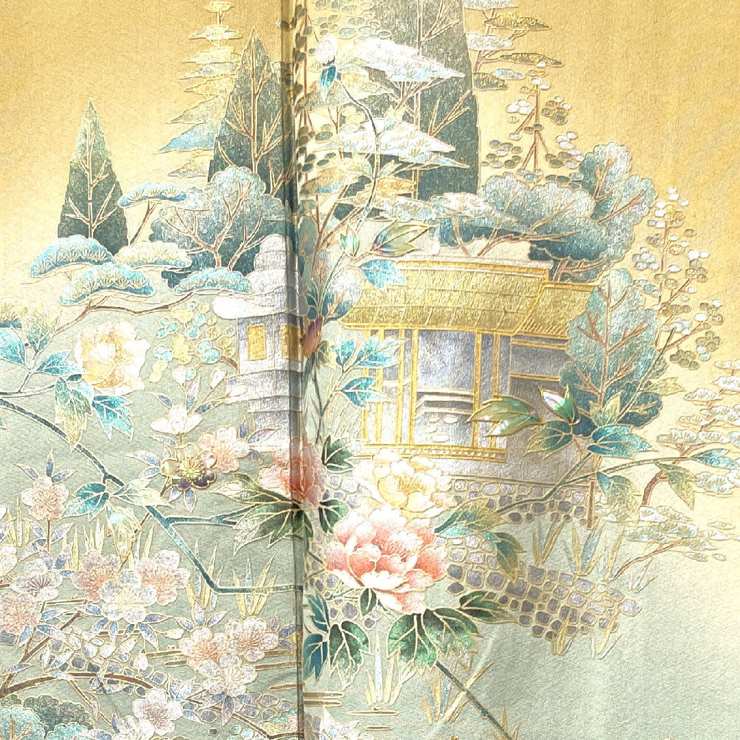色留袖 身丈161.5cm 裄丈65.5cm 袷 しつけ糸付き 未使用品 枯野色 螺鈿 金彩加工 風景模様 三つ柏 正絹 Sランク 三つ紋 黄系 1111000792423