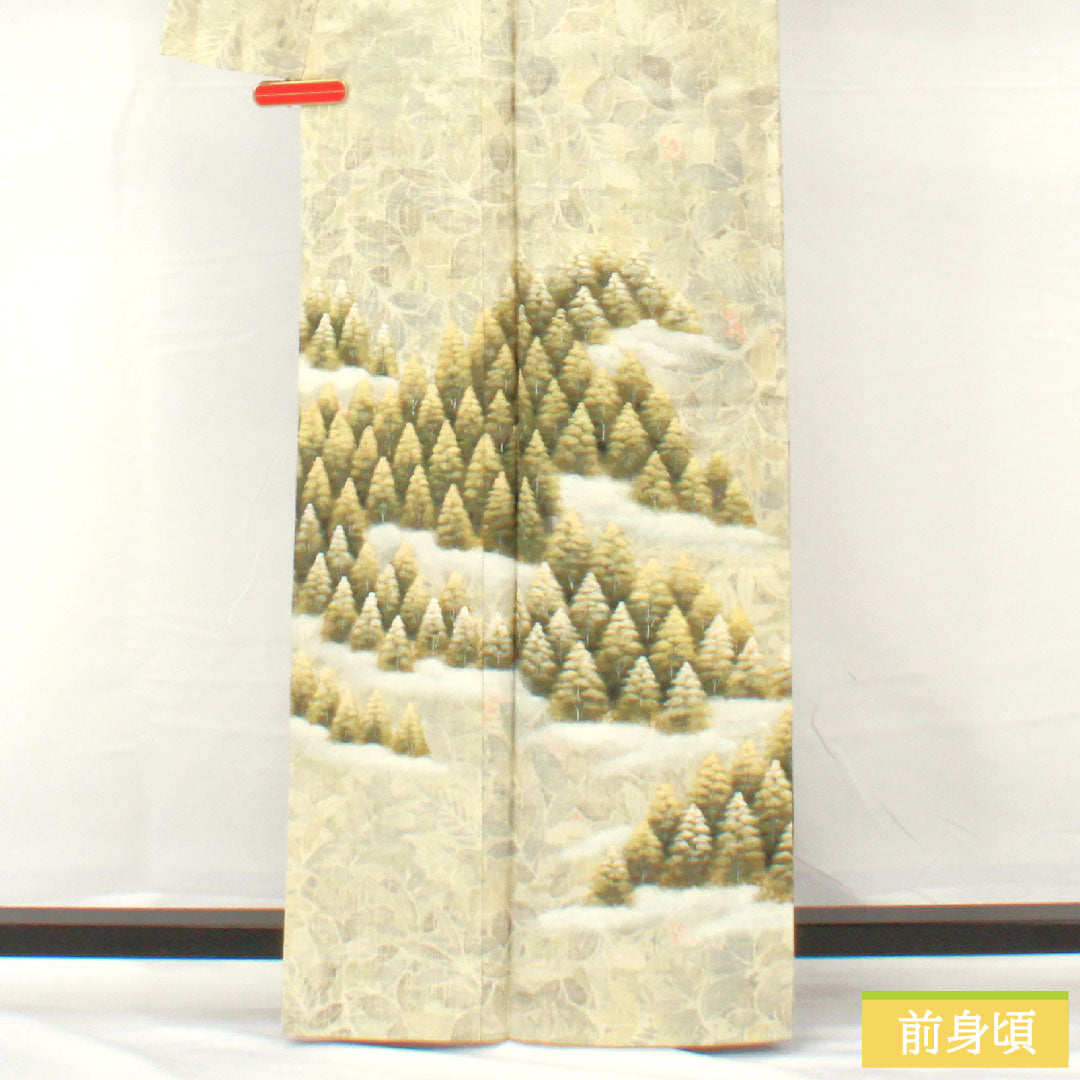訪問着 正絹 袷 身丈163cm 裄丈65cm 蒸栗色（むしぐりいろ） 紬地 風景模様 草花模様 Sランク 緑系 1112005042419