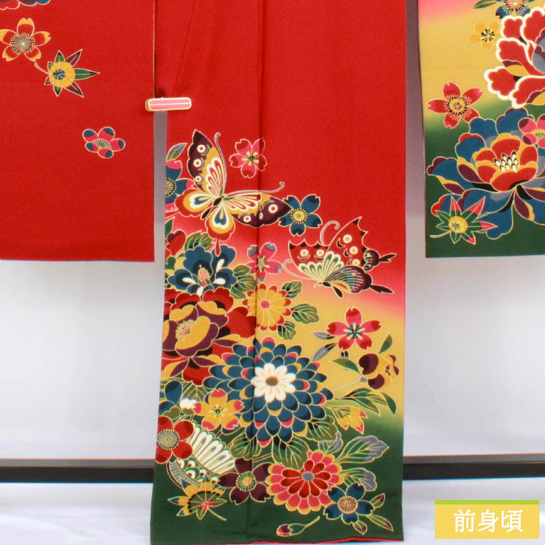 Kimono (Furisode) - Silk - S Rank - Length: 167cm, Sleeve-to-sleeve: 68cm - Lined - Pomegranate Red - Kyo-Bingata - Auspicious Patterns - Butterflies, Cherry Blossoms, Chrysanthemums - Red Tones - 1113002772512