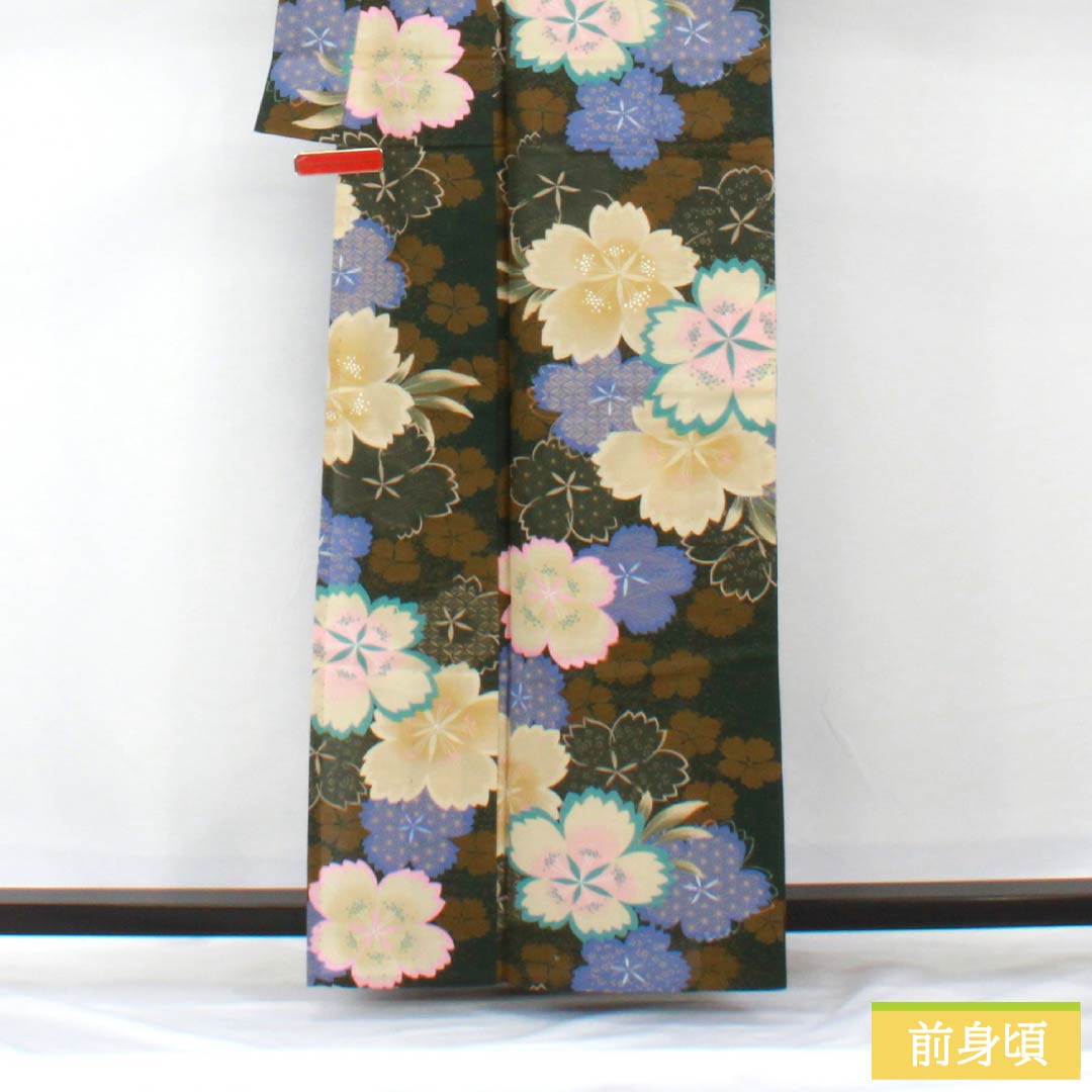 浴衣 木綿 身丈162.5cm 裄丈67cm Sランク 単衣 緑系 暗緑色（あんりょくしょく） 桜 1118006002419