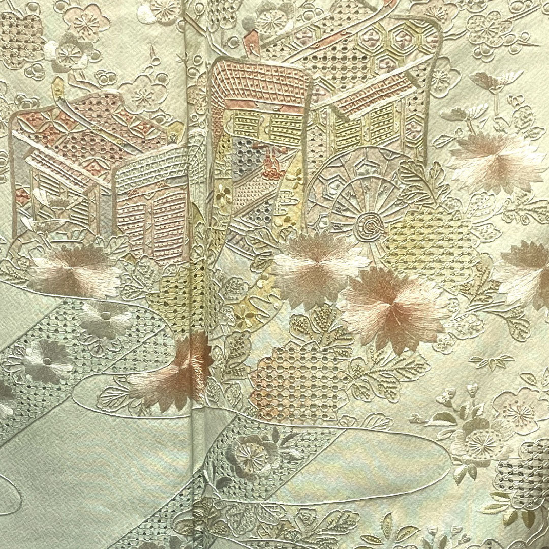 訪問着 袷 身丈159.5cm 裄丈65cm 翠山刺繡 利休白茶色 汕頭刺繡 蘇州刺繡 片喰 正絹 Sランク 緑系 1112002242319