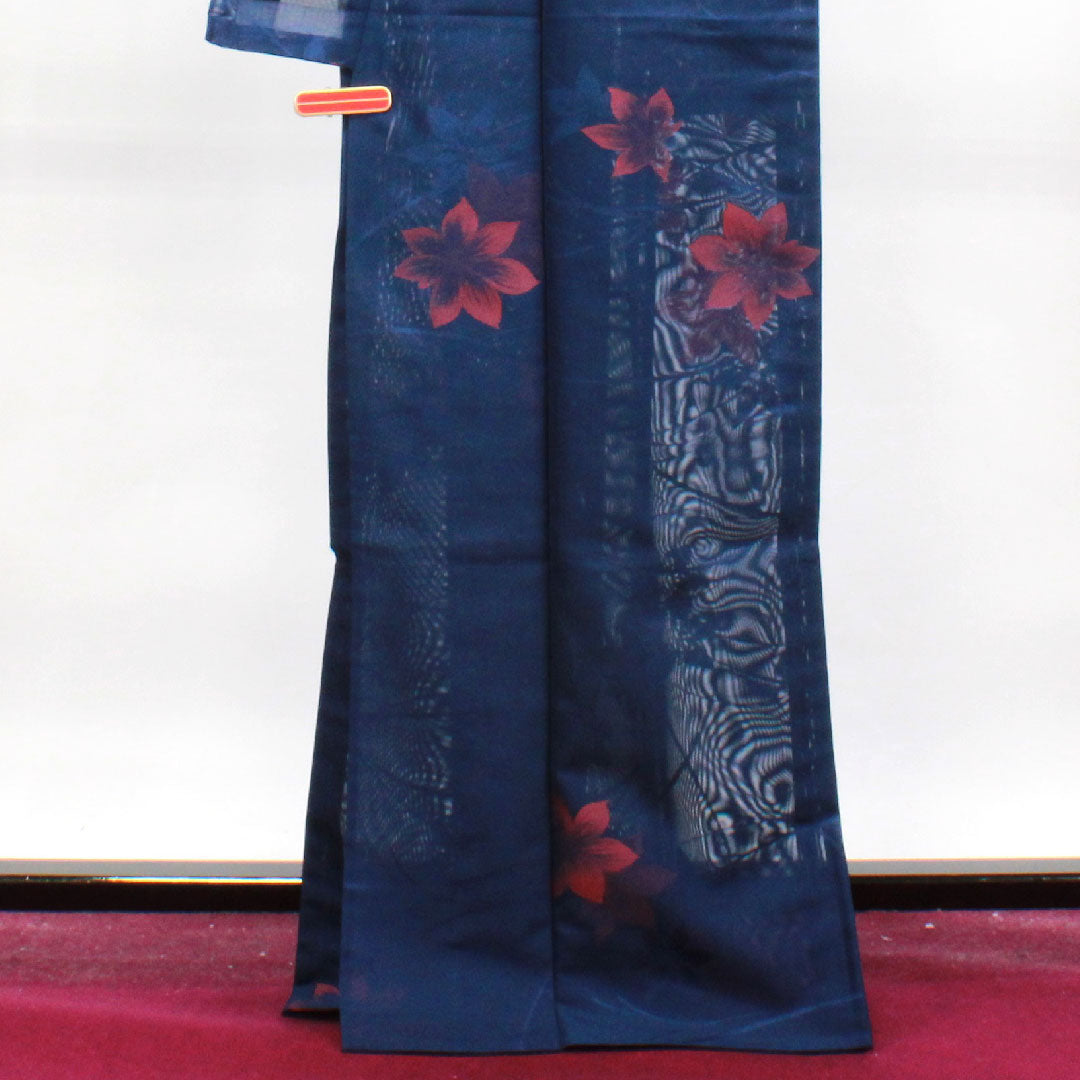 夏物 正絹 小紋 身丈168cm 裄丈63.5cm 紺桔梗色（こんききょういろ） 草花模様 しつけ糸付き 未使用品 紗 Sランク 紺系 1132001282518