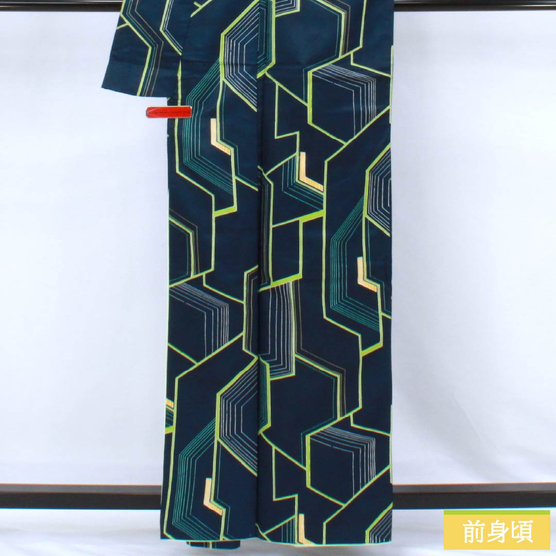 Komon (small pattern) polyester kimono, A rank, length 162.5cm, sleeve length 65cm, lined, navy blue (kon-iro) with geometric patterns, washable, navy blue, 1115007403418