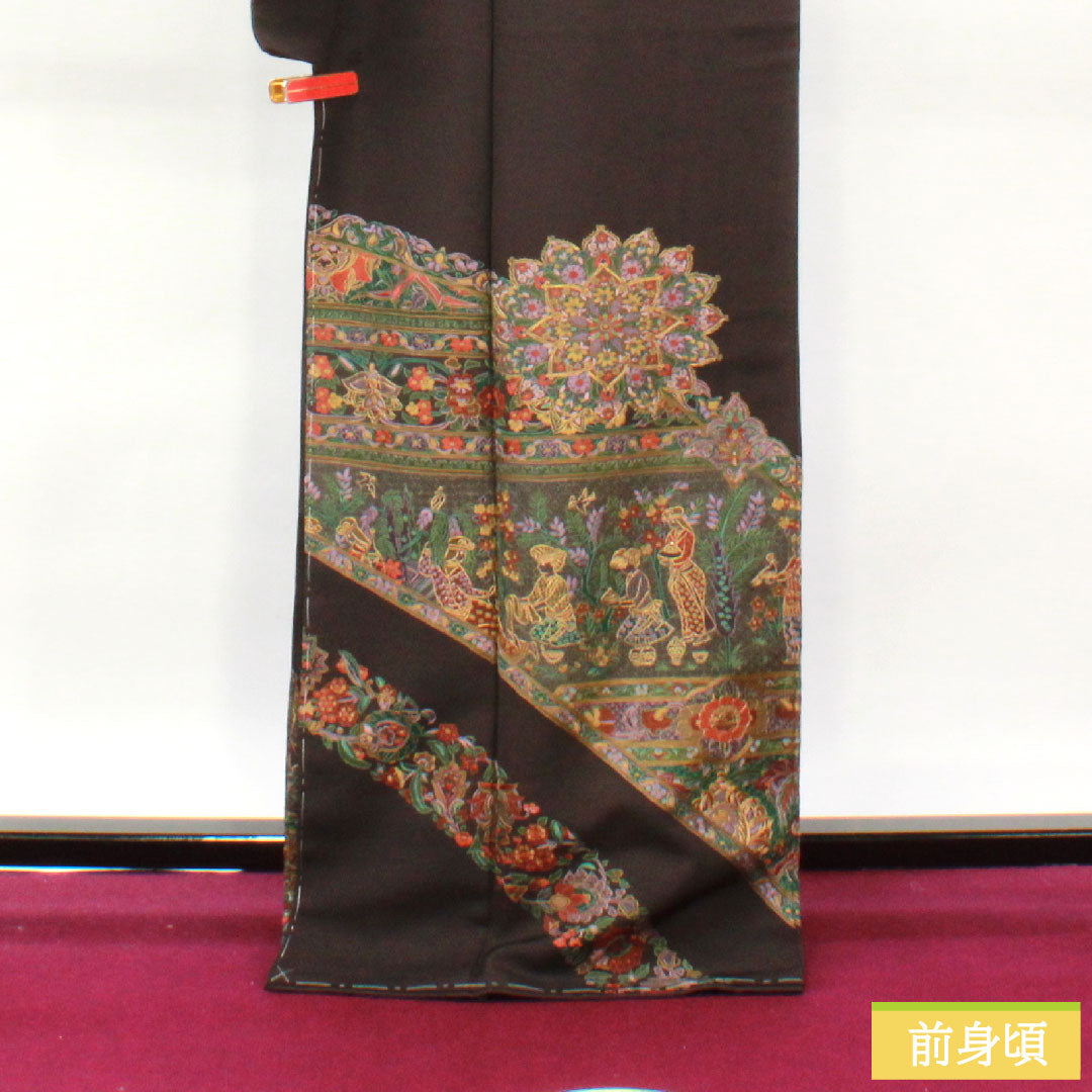 訪問着 正絹 袷 身丈167cm 裄丈67.5cm 蘇州刺繡 汕頭刺繡 しつけ糸付き 欧風文様 一つ紋 揚羽蝶 Sランク 茶系 1112003982514