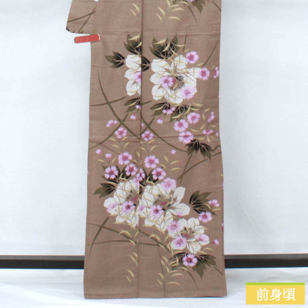 Cotton Yukata, Length 163.5cm, Sleeve Length 65.5cm, S Rank, Single Layer, Beige, Brownish Gray, Pink, 1118006202425