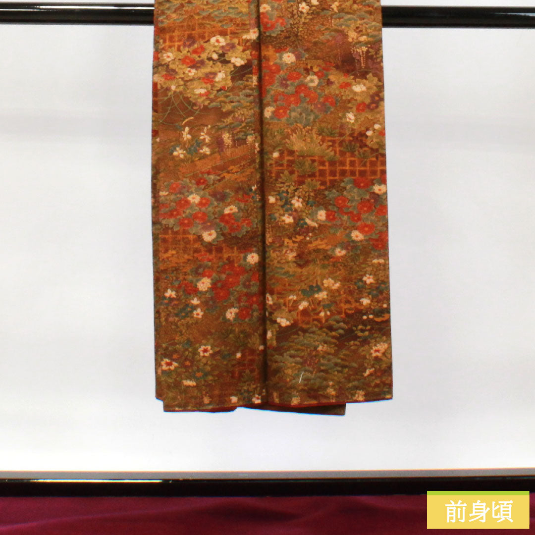 小紋 正絹 身丈140cm 裄丈60.5cm 袷  濃茶色 草花模様 しつけ糸付き 未使用品  Sランク 茶系 1115003732114