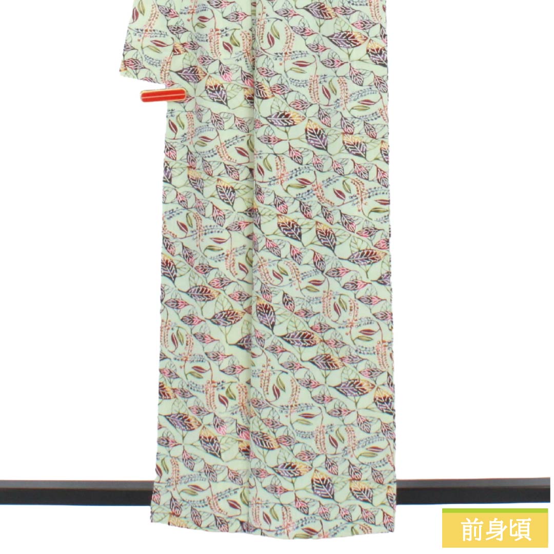 夏物 正絹 小紋 Sランク 身丈160cm 裄丈65cm 薄緑色（うすみどりいろ） 型染 葉模様 絽 緑系 1132005012419