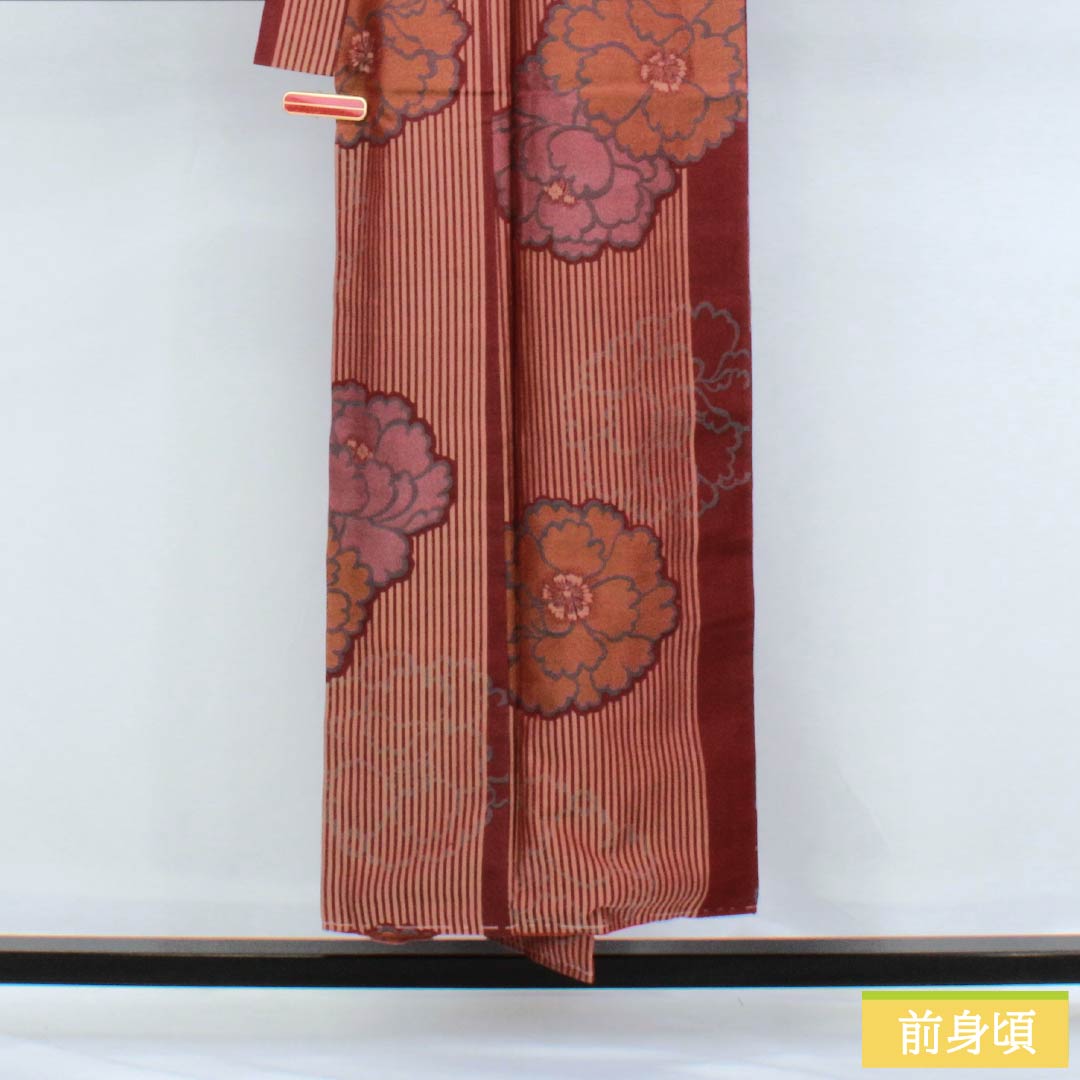 紬 正絹 Sランク 身丈151.5cm 裄丈64.5cm 皆紅色（かいこうしょく） 牡丹 お召 アンティーク 袷 赤系 1116004222212